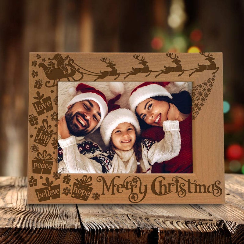 KATE POSH Merry Christmas Love Peace Joy Believe Hope, The Magic of Christmas Family Picture Frame. Santa, Reindeer and Sleigh Decor. Engraved Natural Wood Photo Frame (4x6-Horizontal) - Image 4